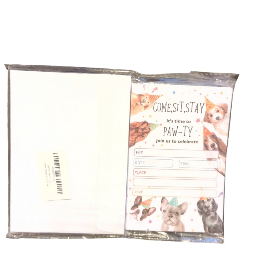 Come, Sit, Stay It's Time To PAW-TY Party Invitations 20 Cards & 20 Envelopes.